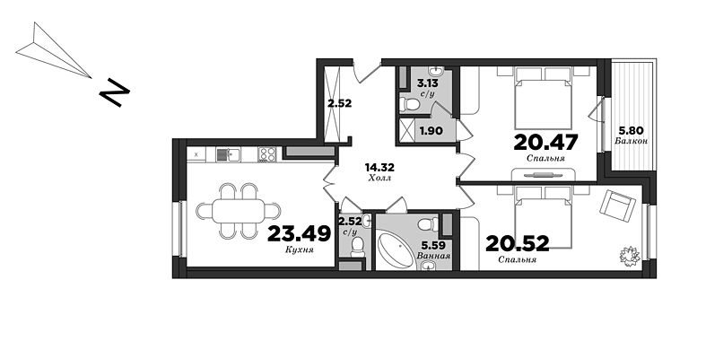 Крестовский De Luxe, Корпус 10, 2 спальни, 97.36 м² | планировка элитных квартир Санкт-Петербурга | М16